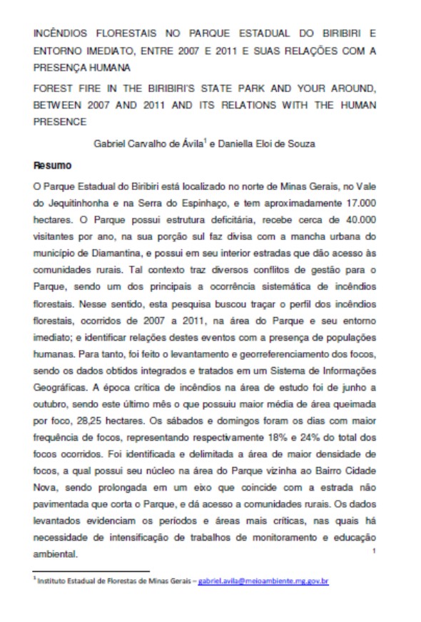 Book cover Incêndios Florestais no Parque Estadual do Biribiri e Entorno Imediato, entre 2007 e 2011 e suas Relações com a Presença Humana